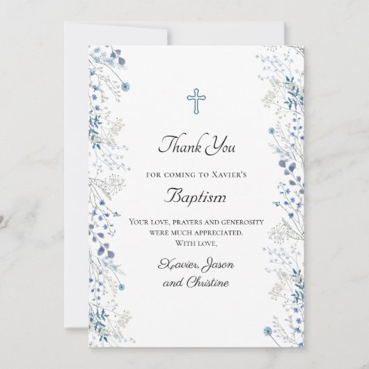 バプテスマ小さな青い水色の花感謝していあなた 招待状 (正面)