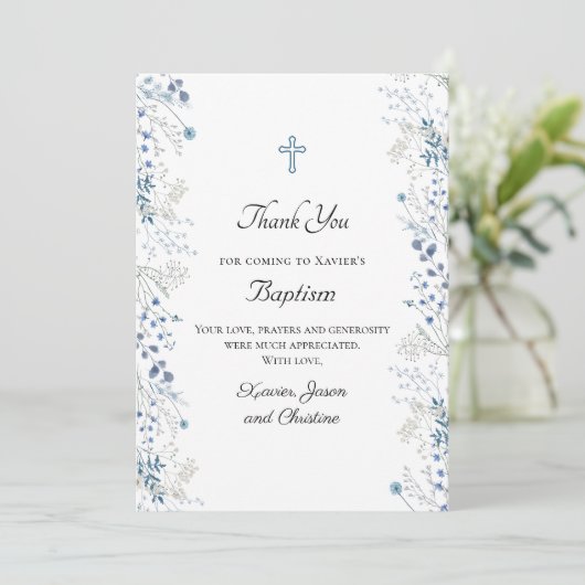 バプテスマ小さな青い水色の花感謝していあなた 招待状 (スタンド正面)