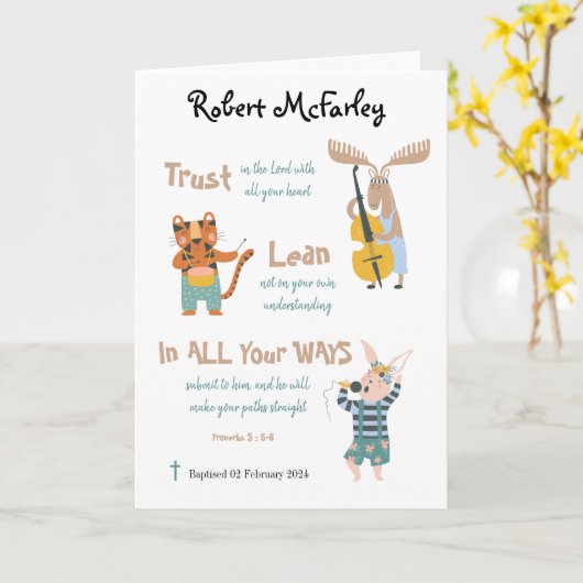 バプテスマ少年かわいいミュージカル動物と聖句 カード (黄色い花)