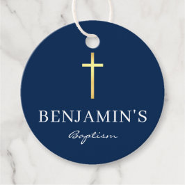 バプテスマ感謝あなたモダン金ゴールドクロス少年ネイビーブルー フェイバータグ