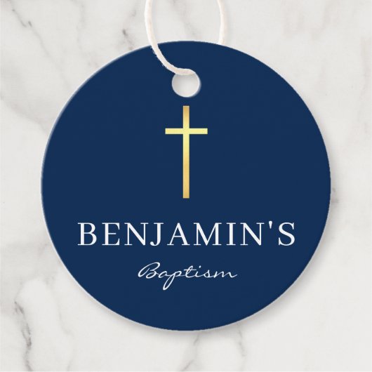 バプテスマ感謝あなたモダン金ゴールドクロス少年ネイビーブルー フェイバータグ (正面)
