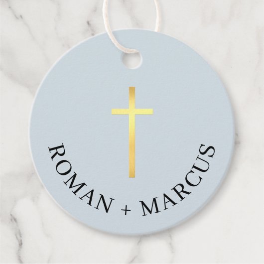 バプテスマ感謝あなた大きな金ゴールドクロス赤ちゃんブルーファボー フェイバータグ (正面)