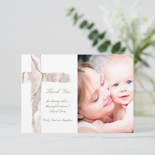 バプテスマ感謝していスはピンクの聖十字架をベージュ 招待状 (スタンド正面)