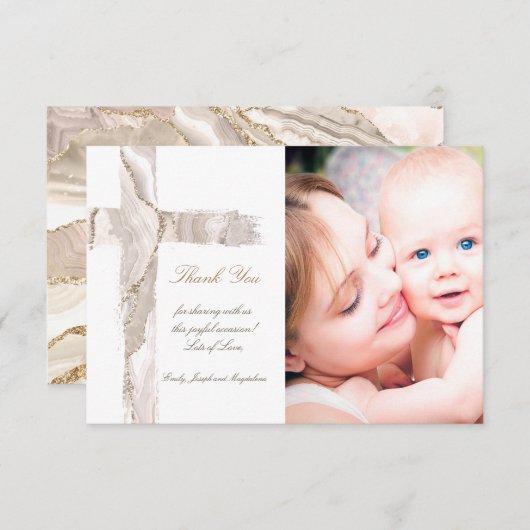 バプテスマ感謝していスはピンクの聖十字架をベージュ 招待状 (正面/裏面)