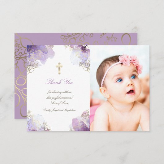 バプテスマ感謝していスキミ紫色の水色の花 招待状 (正面/裏面)