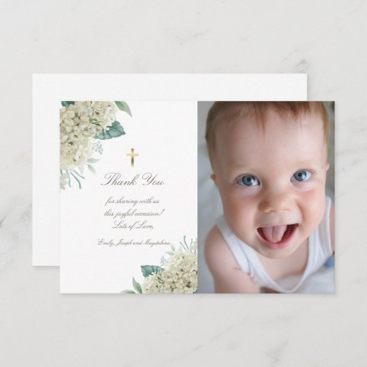 バプテスマ感謝していス白いアジサイの花 招待状 (正面/裏面)