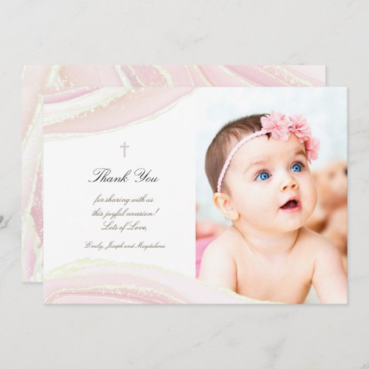 バプテスマ感謝していーキピンクインク大理石の招待 招待状 (正面/裏面)