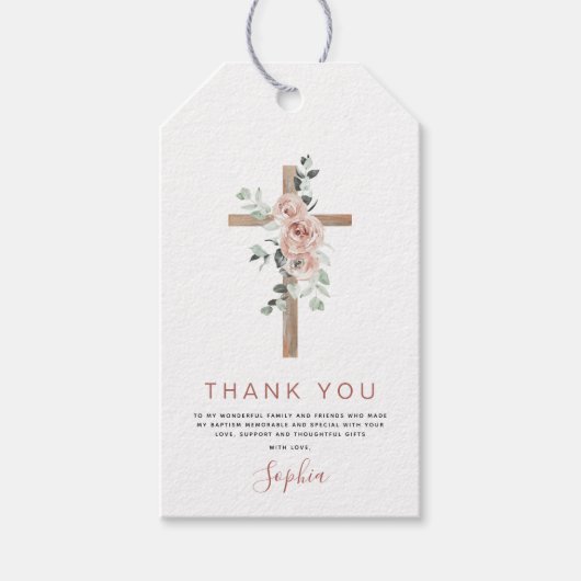 バプテスマ感謝ほこりっぽいピンクのローズガール ギフトタグ (正面)