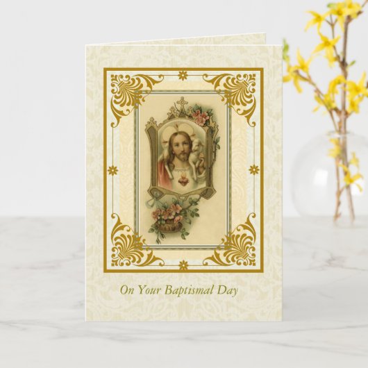 バプテスマ成体子羊とイエスの聖なるハート カード (黄色い花)