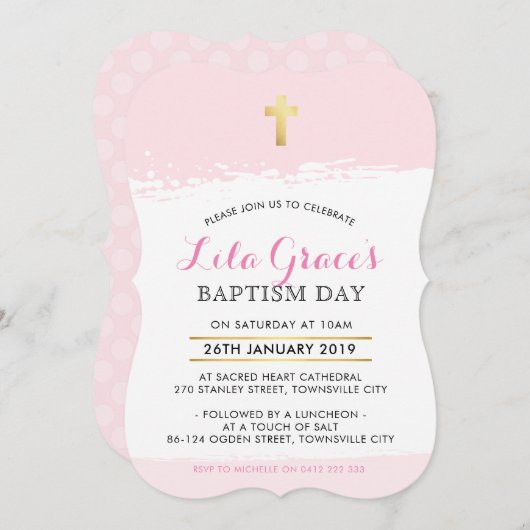 バプテスマ招待状かわいいモダンクロスブラシのストロークピンク 招待状 (正面/裏面)