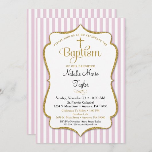 バプテスマ招待状ガールズピンク金ゴールド 招待状 (正面/裏面)