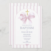 バプテスマ招待状ガールモダンピンクボウ&ストライプの 招待状 (正面/裏面)