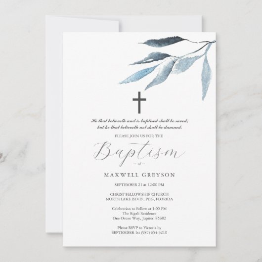 バプテスマ招待状ダスティブルーボタニカル 招待状 (正面)