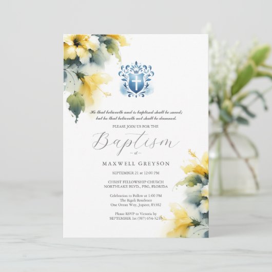 バプテスマ招待状宗教的な青と黄色 招待状 (スタンド正面)