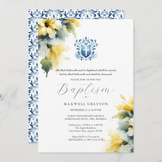 バプテスマ招待状宗教的な青と黄色 招待状 (正面/裏面)