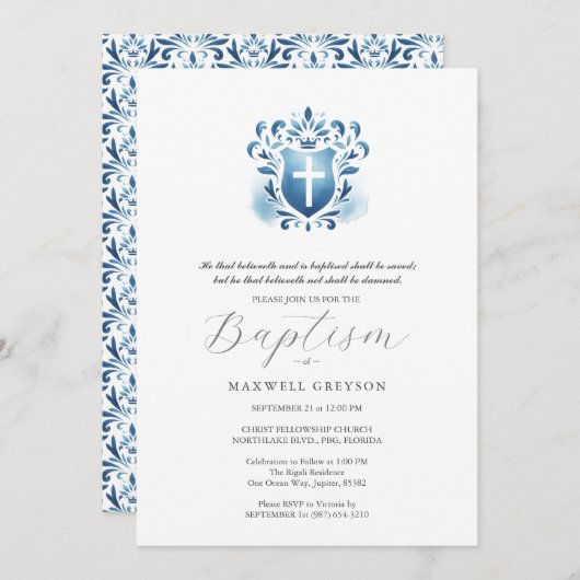 バプテスマ招待状宗教的ほこりっぽいブルークレスト 招待状 (正面/裏面)