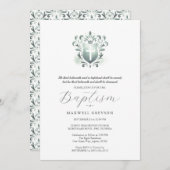 バプテスマ招待状宗教的セージグリーンクレスト 招待状 (正面/裏面)