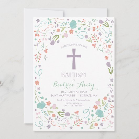 バプテスマ招待状-カスタマイズ,花,十字 招待状 (正面)