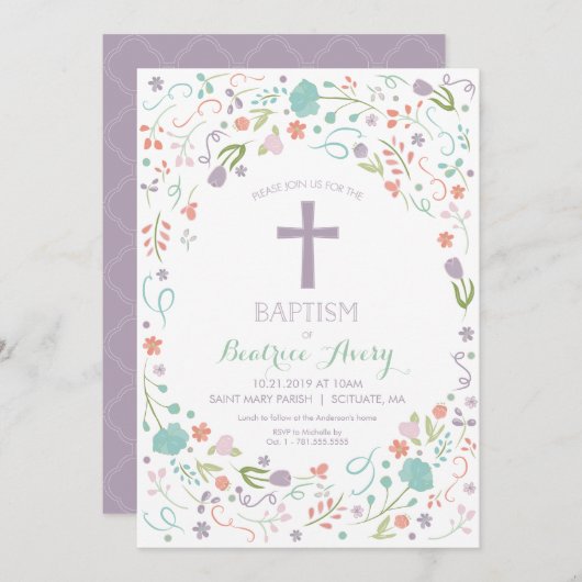 バプテスマ招待状-カスタマイズ,花,十字 招待状 (正面/裏面)