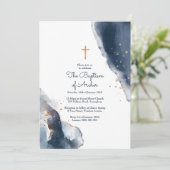 バプテスマ招待状 – ネイビーウォーター色金ゴールドグリッター 招待状 (スタンド正面)