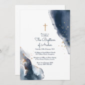 バプテスマ招待状 – ネイビーウォーター色金ゴールドグリッター 招待状 (正面/裏面)