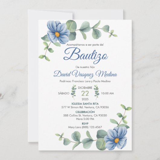 バプテスマ水彩緑離れの花と青の花 招待状 (正面)