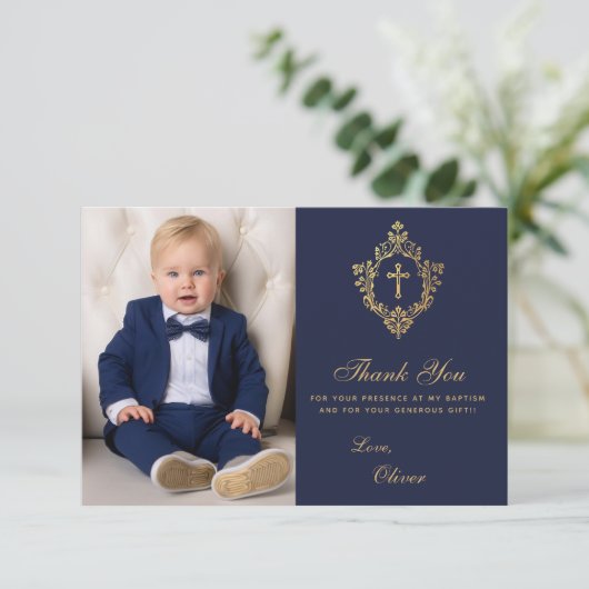 バプテスマ海軍金ゴールド十字紋エレガント少年の写真 サンキューカード (スタンド正面)