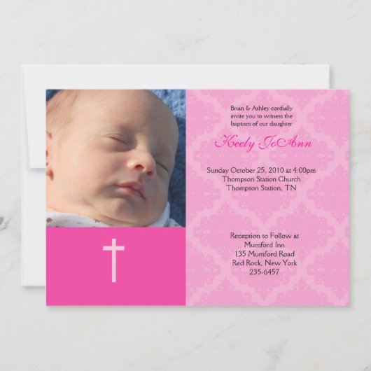 バプテスマ献身ガールピンク5x7ダマスク写真 招待状 (正面)