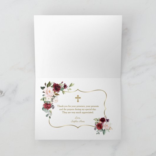 バプテスマ王室のスのフローラ金ゴールドフレームクロスバーガンディ サンキューカード (内部)