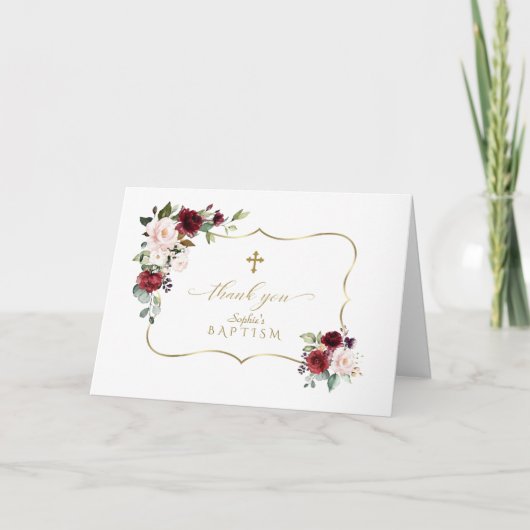 バプテスマ王室のスのフローラ金ゴールドフレームクロスバーガンディ サンキューカード (正面)