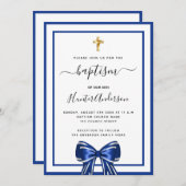 バプテスマ王室のボーイ青い白い弓スクリプト 招待状 (正面/裏面)