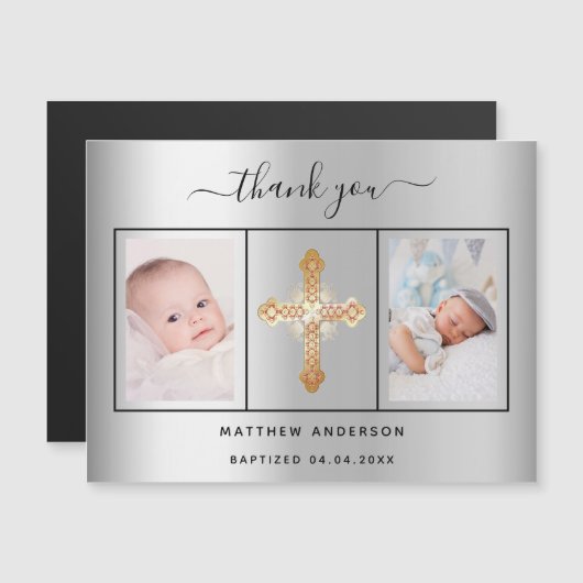 バプテスマ男の赤ちゃんシルバー写真感謝していお客様マグネット マグネット招待状 (正面/裏面)