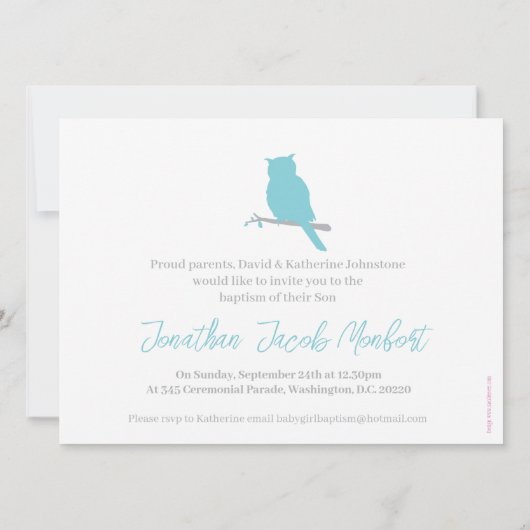 バプテスマ男の赤ちゃんフクロウ鳥の写真招待カード 招待状 (裏面)