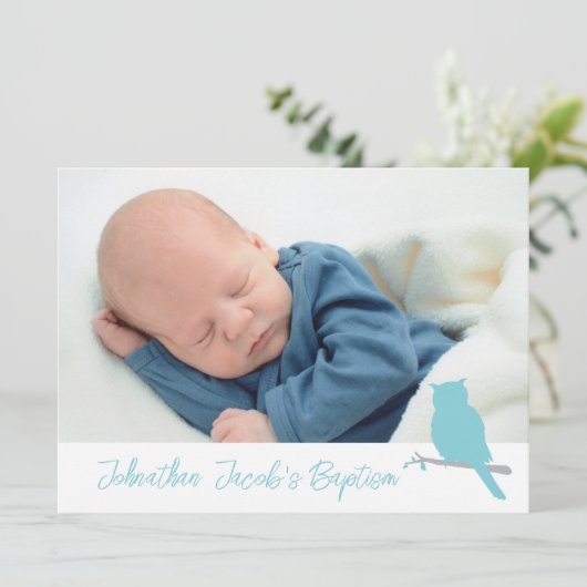 バプテスマ男の赤ちゃんフクロウ鳥の写真招待カード 招待状 (スタンド正面)
