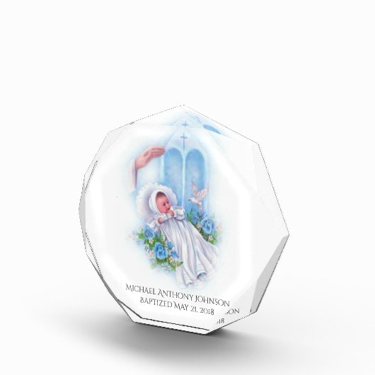 バプテスマ男の赤ちゃんブルーフラワーズクロス フォトブロック (右)