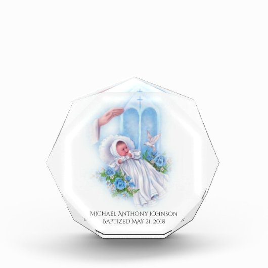 バプテスマ男の赤ちゃんブルーフラワーズクロス フォトブロック (正面)