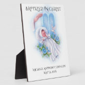 バプテスマ男の赤ちゃんブルーフラワーズ鳩 フォトプラーク (側面)