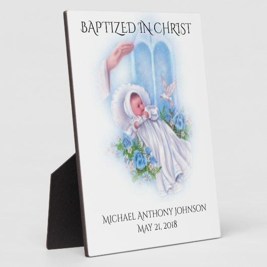 バプテスマ男の赤ちゃんブルーフラワーズ鳩 フォトプラーク (側面)