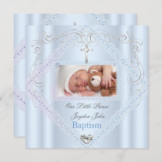バプテスマ男の赤ちゃんブルー《キリスト教》洗礼式や命名式クロスプリンス2 招待状 (正面/裏面)