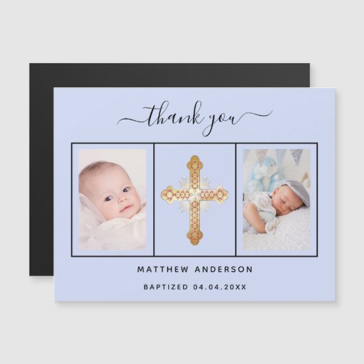 バプテスマ男の赤ちゃん青い感謝してい写真あなた磁石 マグネット招待状 (正面/裏面)