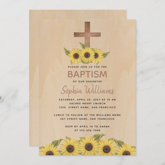 バプテスマ素朴ウッドひまわりの花 招待状 (正面/裏面)