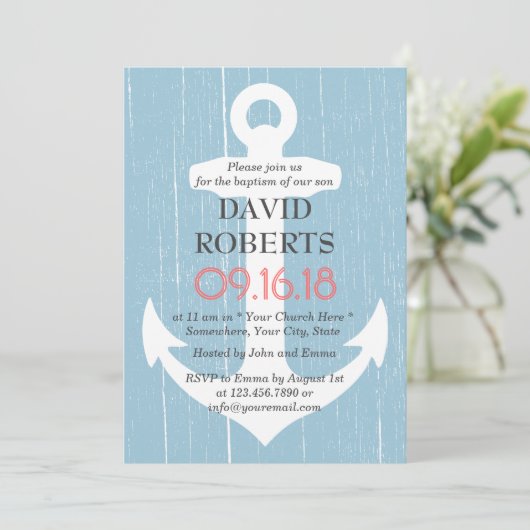 バプテスマ素朴《キリスト教》洗礼式や命名式ライトブルー&いかり 招待状 (スタンド正面)
