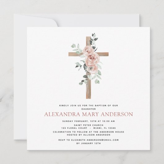 バプテスマ緑ほこりっぽいピンクのローズクロスクリスチャン 招待状 (正面)