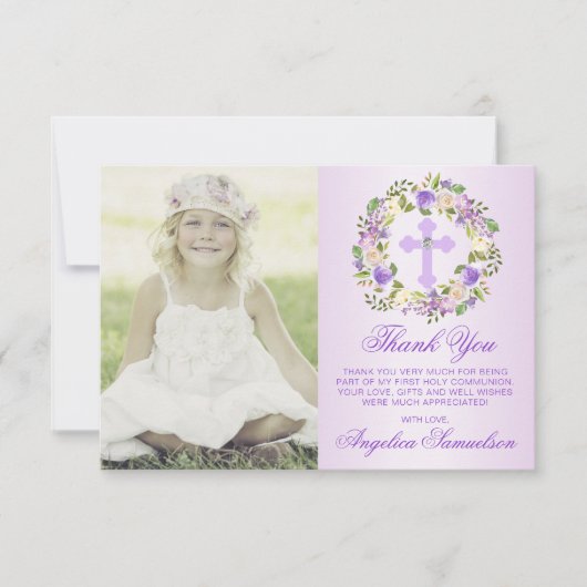 バプテスマ聖体確認ガールパープル写真 サンキューカード (正面)