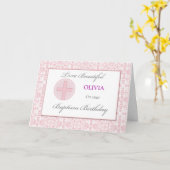 バプテスマ誕生日名前をカスタムするピンクレースパターン カード (黄色い花)