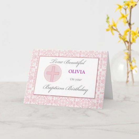バプテスマ誕生日名前をカスタムするピンクレースパターン カード (黄色い花)