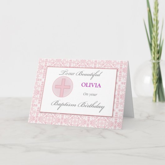 バプテスマ誕生日名前をカスタムするピンクレースパターン カード (正面)