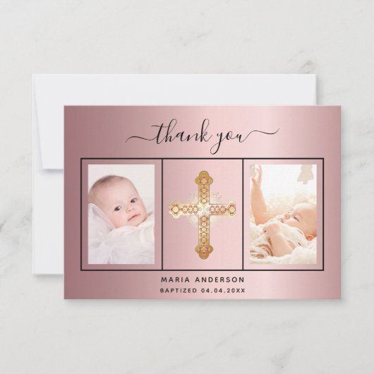 バプテスマ赤面ピンクの写真スクリプト女の子 サンキューカード (正面)