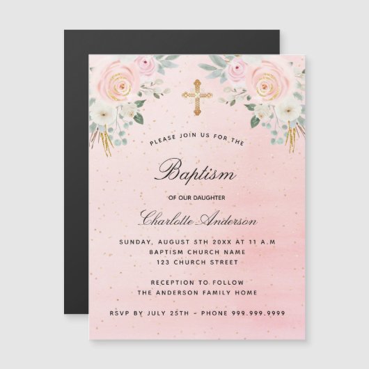 バプテスマ赤面ピンクフローラガールラグジュアリー マグネット招待状 (正面/裏面)