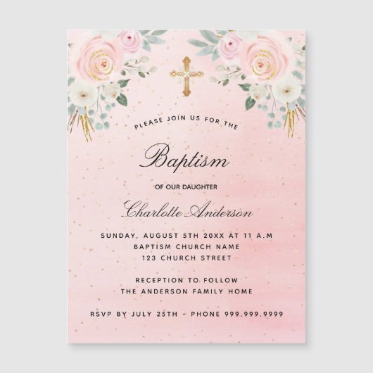 バプテスマ赤面ピンクフローラガールラグジュアリー マグネット招待状 (正面)